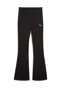 Zwarte flared workout leggings met hoge tailleband en klein wit Puma-logo op de bovenbenen.