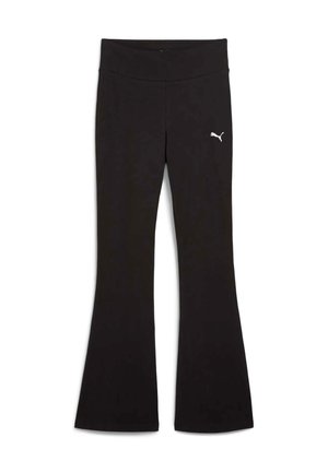 Zwarte flared workout leggings met hoge tailleband en klein wit Puma-logo op de bovenbenen.