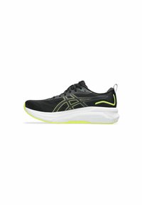Black running shoe with a sleek design, featuring bright yellow accents and a white sole, positioned on a plain background.