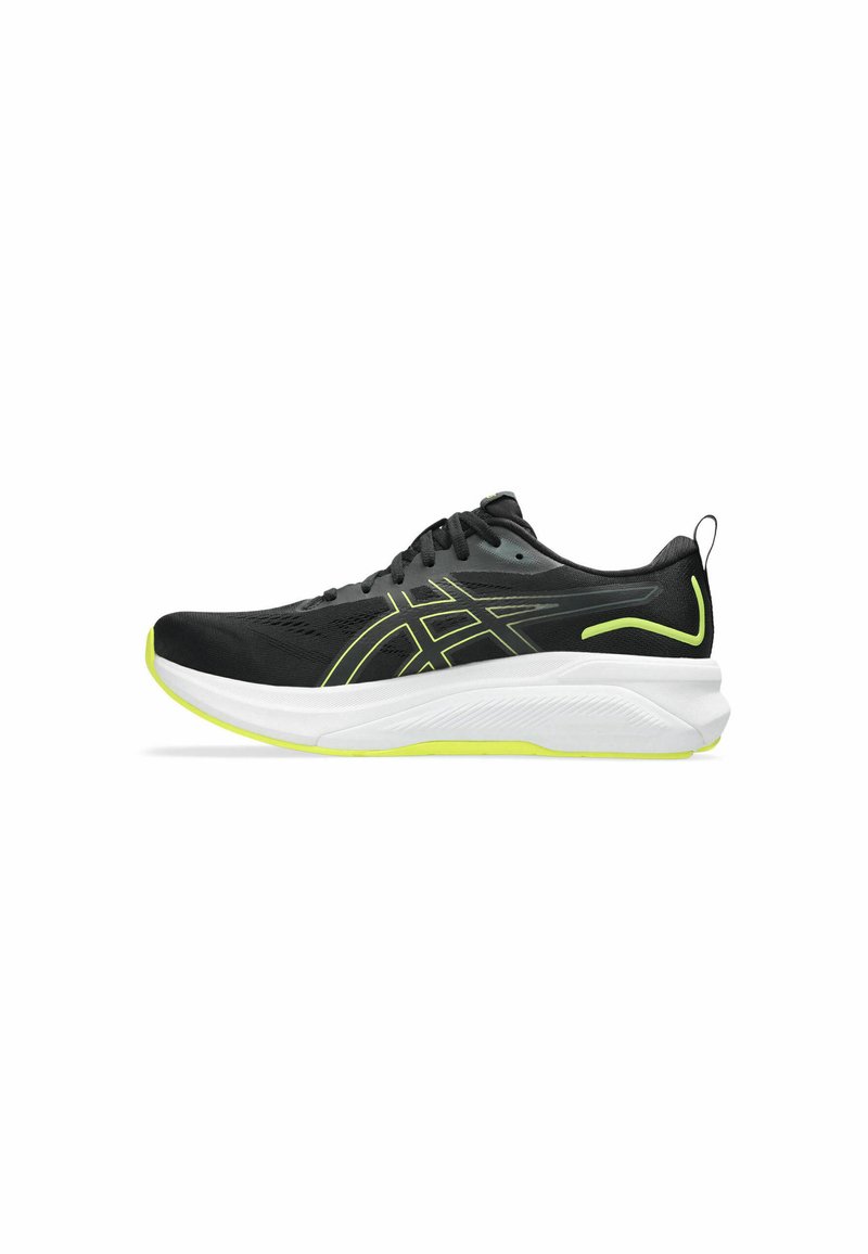 Black running shoe with a sleek design, featuring bright yellow accents and a white sole, positioned on a plain background.