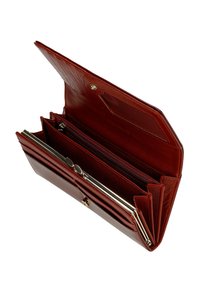 Portafoglio in pelle rossa con finitura lucida, dotato di un compartimento con zip, multiple fessure per carte e un fermaglio argentato per una chiusura sicura.