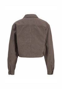 Cropped brown jacket with white vertical stripes, long sleeves, standard collar, button cuffs, and clean seam details.