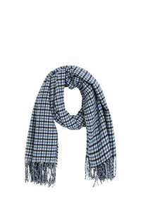 Bufanda de cuadros azul y blanca hecha de tela suave, con bordes con flecos y un diseño suelto y fluido.