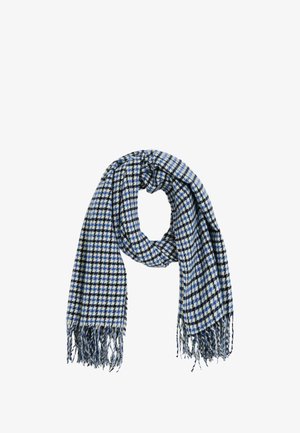 Écharpe à carreaux bleus et blancs en tissu doux, dotée de bords à franges et d'un design ample et fluide.