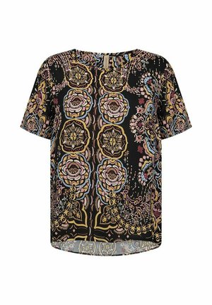 Short-sleeve top in black fabric featuring colorful floral patterns, round neck, and a slightly curved hem. Textured with intricate detailing.