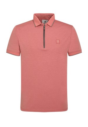Rožinė polo marškinėliai, pagaminti iš tekstūrinio audinio, su užtrauktuku ant apykaklės, trumpomis rankovėmis ir subtiliu logotipu ant krūtinės.