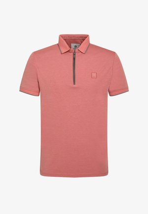 Pink polo shirt made of textured fabric, featuring a zippered collar, short sleeves, and a subtle logo on the chest.