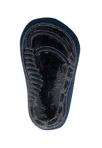 Semelle de chaussure avec une surface noire texturée et des bords en tissu bleu. Présente des lignes de contour et des rainures pour le confort et le soutien.