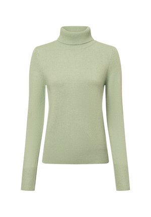 Hellgrüner Rollkragenpullover aus weichem Rippmaterial. Hat lange Ärmel und eine enganliegende Silhouette mit einer subtilen Textur.