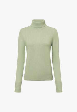 Light green turtleneck sweater made of a soft ribbed material. Features long sleeves and a fitted silhouette with a subtle texture.