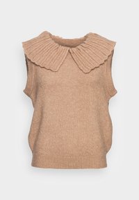 Gilet in maglia beige senza maniche con un ampio colletto a rouches a coste e orlo a coste.