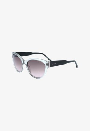 Occhiali da sole con montatura traslucida a forma di occhio di gatto, lenti grigie sfumate e aste nere solide con il logo "Tom Tailor".