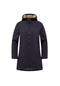 Langer schwarzer Mantel mit Reißverschluss, geräumiger Kapuze und beigem Fleece-Futter. Verfügt über ein glattes Außenmaterial und eine Mittellänge bis zur Oberschenkel.