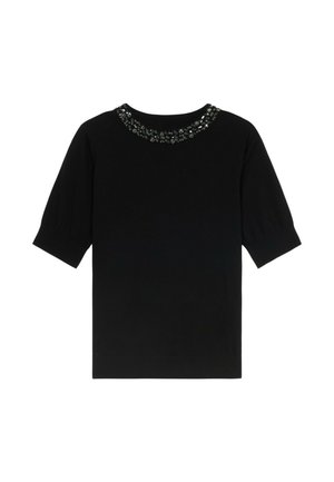 Haut noir à manches courtes en matière douce, avec un col rond orné de perles décoratives et de sequins le long du col.