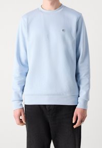 Sweat à capuche bleu clair avec un col rond et des manches longues, doté d'un petit logo sur la poitrine et de poignets et d'un ourlet côtelés.