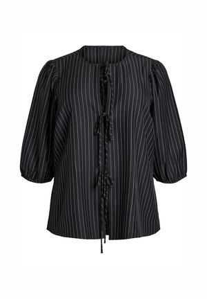 Crna bluzica s prugama, napuhanim rukavima, okruglim izrezom i detaljem vezivanja sprijeda. Glatka tkanina s vertikalnim bijelim crtama i širokim krojem.