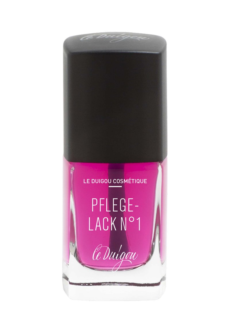 Helles pinkes Nagellack in einer klaren Glasflasche mit einem schwarzen Deckel. Das Etikett zeigt weißen Text: "Pflege-Lack N°1" und "Le Duigou".