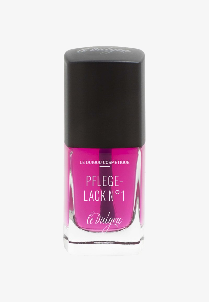 Helles pinkes Nagellack in einer klaren Glasflasche mit einem schwarzen Deckel. Das Etikett zeigt weißen Text: "Pflege-Lack N°1" und "Le Duigou".