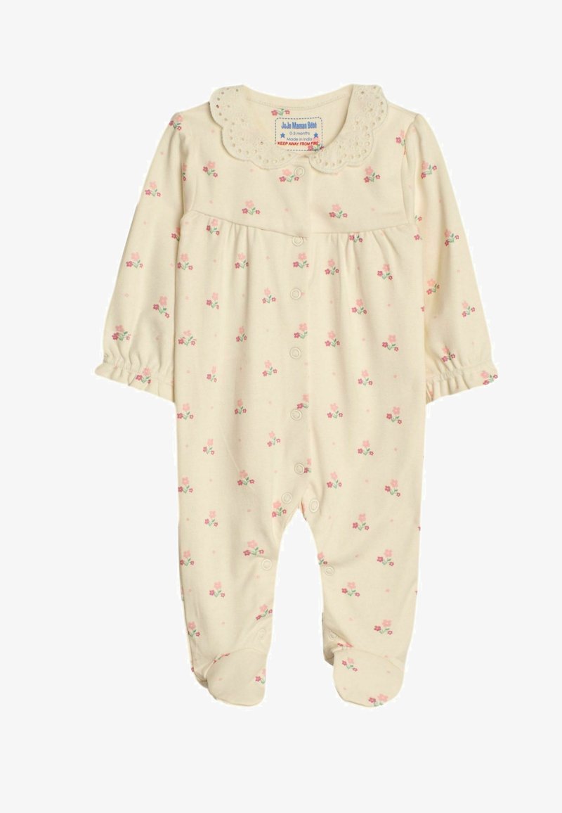 Cremefarbenes Baby-Body mit rosa Blumenmuster, gewelltem Kragen, langen Ärmeln und Druckknöpfen entlang der Vorderseite und Beine. Aus weichem Baumwollmaterial.