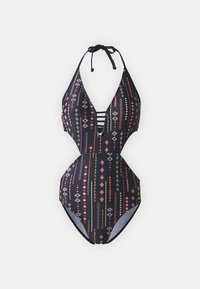 Maillot de bain une pièce noir avec des motifs géométriques en rose, vert et blanc. Il dispose d'un décolleté en V profond, de côtés découpés et de bretelles halter.