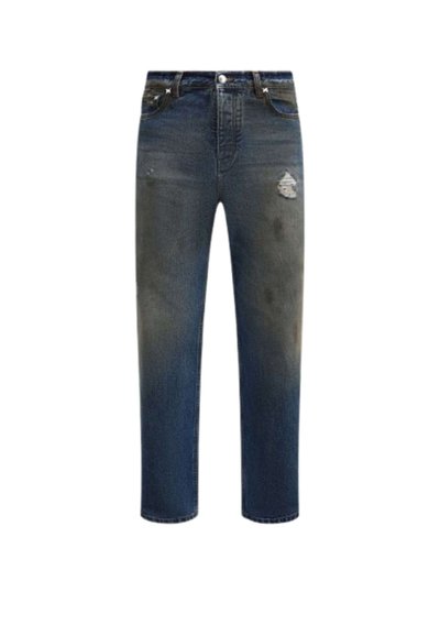 Jeans in denim blu scuro con taglio dritto, caratterizzati da rifiniture strappate e leggero sbiadimento su cosce e ginocchia.