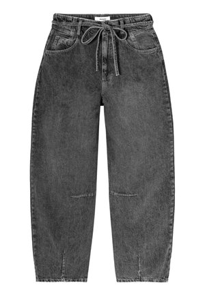 Pantalon en denim noir délavé avec taille élastique, cordon de serrage à l'avant, poches latérales et jambes larges effilées.