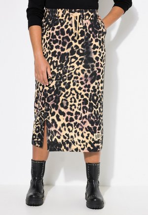 Midi sukně s leopardím vzorem, elastickým pasem a stahovací šňůrkou, s bočními rozparky a malou značkovou etiketou na lemu.