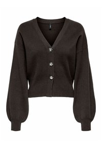 Dark brown, cropped cardigan made of soft knit fabric. Features a V-neck, long puff sleeves, and three decorative buttons at the front.