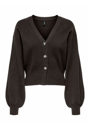 Dunkelbraune, kurze Strickjacke aus weichem Strickstoff. Verfügt über einen V-Ausschnitt, lange Puffärmel und drei dekorative Knöpfe an der Vorderseite.