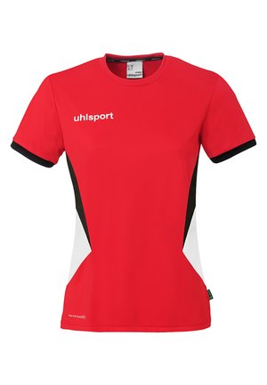 Rød damesportst-shirt med korte ærmer, sorte og hvide sidepaneler, sorte ærmekanter og hvidt "uhlsport"-logo på brystet.