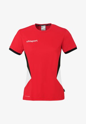 Rood damessportshirt met korte mouwen, zwarte en witte zijpanelen, zwarte mouwboorden en wit "uhlsport"-logo op de borst.