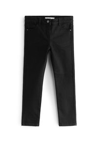 Svarta jeanstyg med en figursydd design, fem fickor, en framknäppning med knappar och en slät yta. Inga synliga mönster eller detaljer.