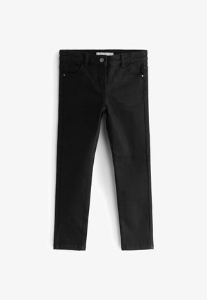 Melni denim džinsi ar pieguļošu dizainu, piecām kabatām, priekšējo pogu aizdari un gludu tekstūru. Nav redzamu rakstu vai akcentu.