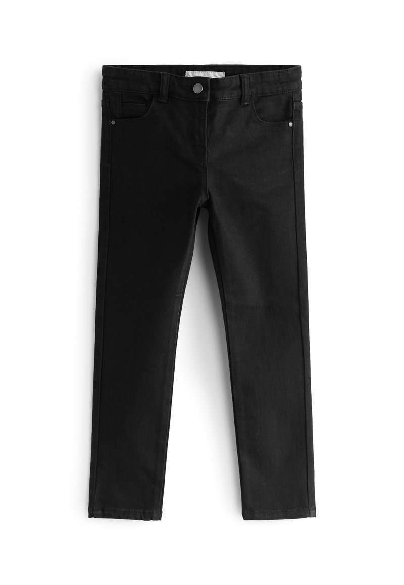 Svarta jeanstyg med en figursydd design, fem fickor, en framknäppning med knappar och en slät yta. Inga synliga mönster eller detaljer.