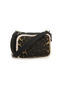 Borsa a tracolla con stampa leopardata, dettagli in pelle nera, bordo morbido bianco e tracolla regolabile, dotata di chiusura a zip.