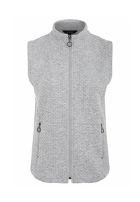 Graue ärmellose Weste aus strukturiertem Material, mit hohem Kragen, Frontreißverschluss und zwei seitlichen Reißverschlusstaschen.
