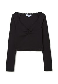 Schwarzes langärmliges Crop-Top aus weichem Material, mit einem gewellten V-Ausschnitt und Raffung vorne.