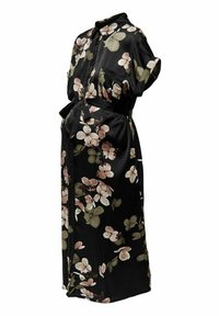 Abito nero floreale con maniche corte, chiusura frontale a bottoni e cintura in vita. Il tessuto ha una superficie liscia con motivi floreali rosa e verdi.