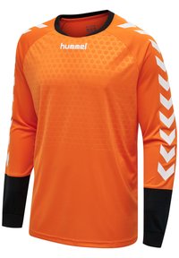 Langarm sportshirt in feloranje, met een gestructureerd hexagonaal patroon, zwarte accenten op de boorden en witte chevronstreep details.