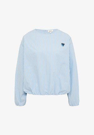 Šviesiai mėlynos ir baltos juostelės bluzonė su apvaliomis iškirptėmis, surinktu apačiu ir ilgomis rankovėmis. Papuošta mažyte siuvinėta širdelės akcentu.