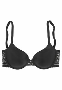 Zwarte bh met gladde padded cups, kantdetail aan de zijkanten, verstelbare schouderbanden en een geometrisch patroon op de kanten rand.
