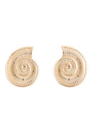 Pair of shiny gold earrings shaped like spiral seashells with ridged texture and curved edges on a white background.
