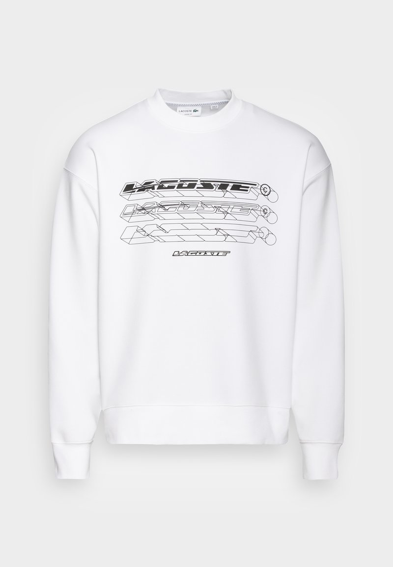 Sudadera blanca con cuello redondo, que presenta un diseño de logo gráfico negro en la parte frontal. Confeccionada en material suave, con puños y dobladillo acanalados.