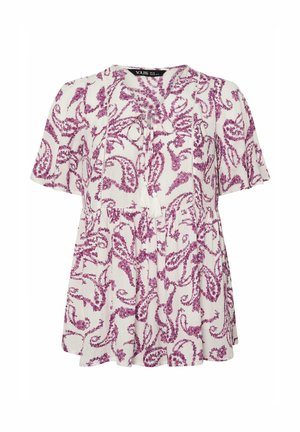 Witte blouse met korte mouwen en paars bloemen-paisleypatroon, V-hals met strik en kwastjes, losse pasvorm en taille met plooidetail.