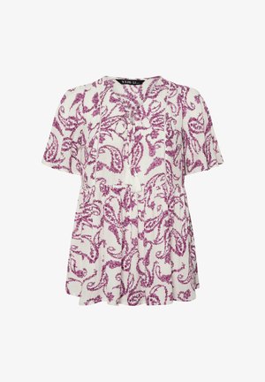 Biała bluzka z krótkim rękawem w fioletowy kwiatowo-paisley wzór, dekolt w kształcie litery V z wiązaniem i frędzlami, luźny krój oraz marszczony detal w talii.