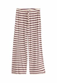 Pantalon large à rayures crème, avec des rayures alternées rouge foncé et violet. Taille élastique avec cordon de serrage à l'avant. Tissu doux.
