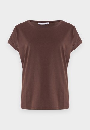 Ruskea lyhythihainen T-paita, joka on valmistettu pehmeästä kankaasta, ja jossa on pyöreä pääntie sekä rento istuvuus. Yksinkertainen muotoilu ilman näkyviä kuvioita tai yksityiskohtia.