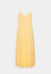 Maxi šaty z jemné žluté látky, s výstřihem do V, nastavitelnými špagetovými ramínky a elastickým pasem pro pohodlné nošení.