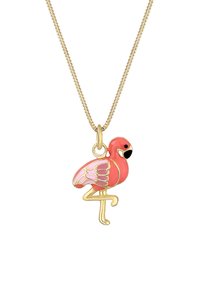 Gouden ketting met een roze flamingo hanger met gedetailleerde vleugels en een zwart accent op het hoofd. Soepele textuur met levendige kleuren.