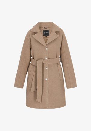 Bež villane kaaluga mantel, lai krae, ees nupud, kaks küljetaskut ja sobiv vöö, mis on seotud talje ümber.